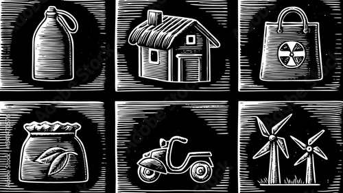 Eco friendly lifestyle icons with sustainable living symbols