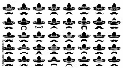 Mexican Sombrero Hat and Mustache Silhouette Icon Set Vector Illustration