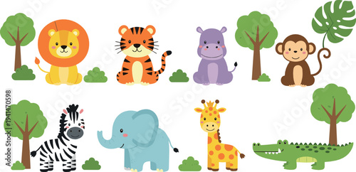 Cute safari jungle animals vector set with lion, tiger, zebra, elephant, giraffe, monkey and crocodile cartoon illustration