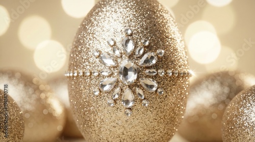 Luxury golden Easter egg decorated with sparkling rhinestones and gemstones, elegant holiday crafts, festive decoration, luxury celebration, springtime festivity, Easter.