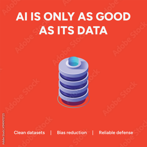 Vector graphic illustration highlighting the importance of data quality for ai success with a database design and key factors like clean datasets and bias reduction.