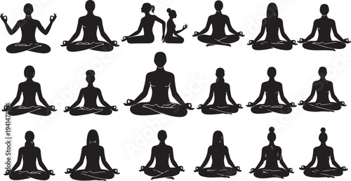 Yoga poses in various sitting positions and meditation styles
