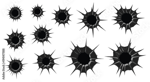 A collection of black star shaped bullet hole impacts on a white background