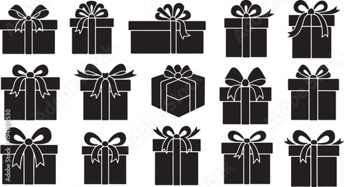 Black gift boxes with white ribbons and bows illustration