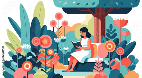 Woman reading book sitting on bench in colorful garden with flowers and tree
