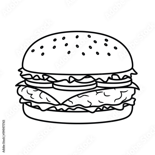 Black and white outline of a juicy burger with lettuce, tomato, and cheese