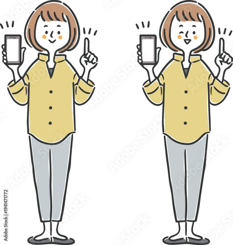 スマホを持って説明する女性のイラストセット　全身　ベクター