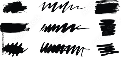 A collection of various black brush strokes on a white background for artistic and design purposes