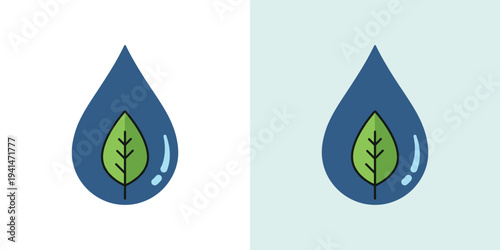 Eco-friendly water droplet icon with green leaf, symbolizing nature conservation, environmental sustainability, and pure hydration. 