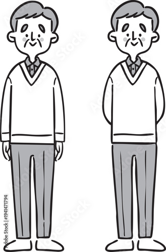 シニア男性　全身　ベクター（モノクロ）