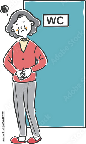 トイレの前で困るシニア女性のイラスト　全身　ベクター