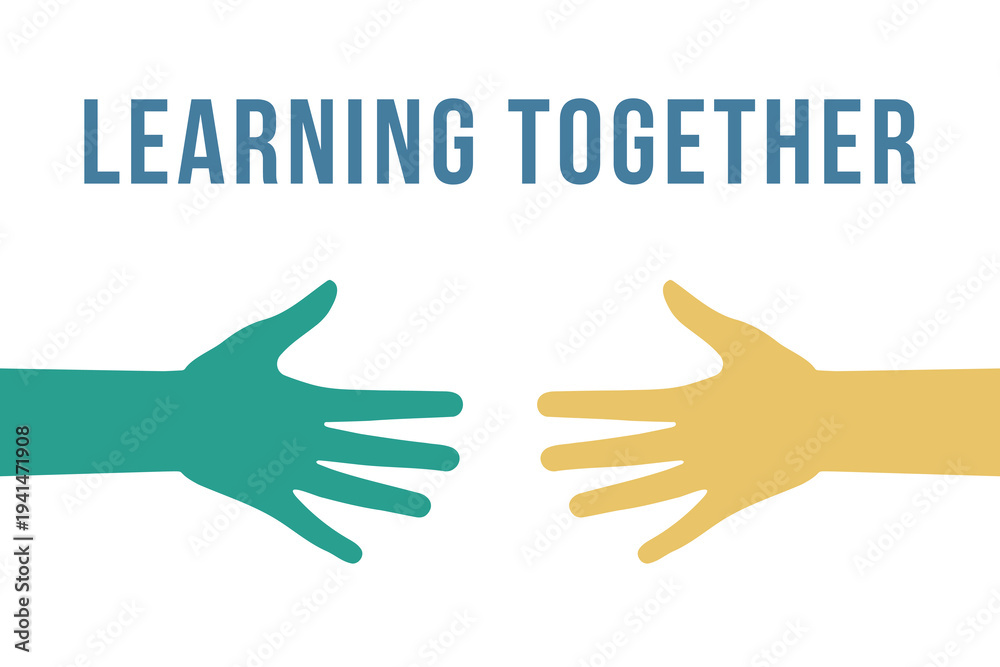 Obraz premium Learning Together Hands Illustration Education Theme Two hands reaching toward each other in green and yellow on white background. 