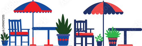 Outdoor cafe patio seating with umbrellas, chairs, tables and decorative plants, cozy terrace restaurant scene isolated on white b