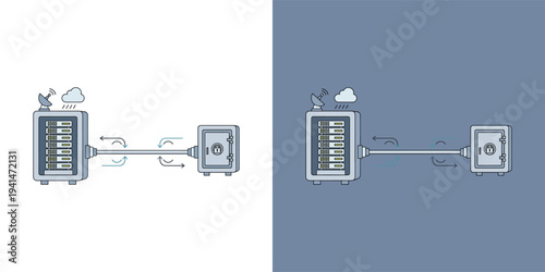 Secure digital data flow from cloud-connected servers to a robust protected vault storage system, illustrating comprehensive network security and information management concept