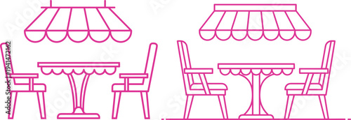 Modern outdoor cafe terrace line art illustration with tables and chairs under awnings, minimal pink outline design, restaurant patio seating concept for hospitality branding