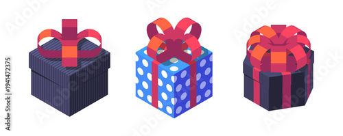 Gift boxes in square and hexagonal shapes with festive ribbons and bows. Vector isometric packages wrapped for celebration, birthday or holiday themes. Decorative cartoon elements for festive