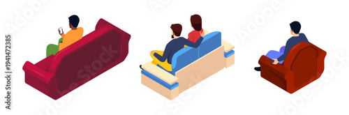 People sitting on sofas and chairs seen from back view. Vector men and women sitting on couches and armchairs. Home or office relaxation. Seating arrangement, interior design and lifestyle