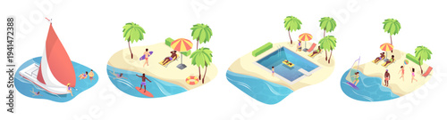 Beach and vacation elements set. Vector isometric seacoasts with people, yachts and sunbathers, swimming pools with swimmers and sunbathing areas. Travel and holiday, summer and leisure