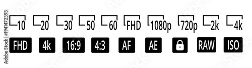 Aspect ratio indicators and resolution labels. Vector AF icons, RAW format tags and exposure markers. Digital cameras and mobile photography apps elements. UI design and interface presentations