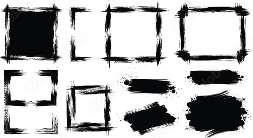 A collection of black and white abstract frames and shapes on a clean background