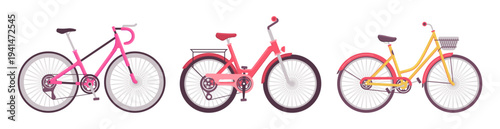 Ladies bicycles set, eco transport. Vector isolated various women bikes with low frame and basket in front. Commuter and road pedal powered vehicles for girls. Summer sport activities and rest