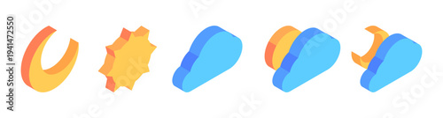 Sun, moon and cloud symbols set. Vector isometric weather icons collection. Isolated signs for cloudy, day and night conditions. Forecast interfaces and climate meteorology graphics elements