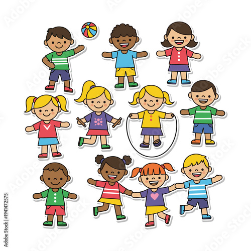 Joyful and diverse group of cartoon children playing actively together, depicting happiness, friendship, and childhood fun through various engaging movements