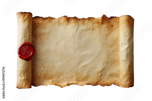 Ancient parchment scroll with a red wax seal protecting a secret message, old document on transparent background
