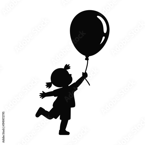 Silhouette of little girl with pigtails holding floating balloon against transparent background set