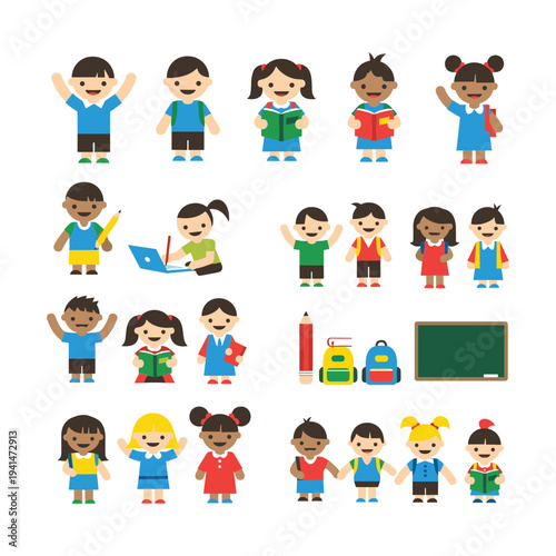 Vibrant collection of diverse cartoon school children icons with educational supplies, symbolizing learning, student life, and a joyful return to academic pursuits