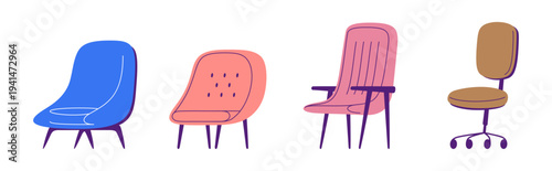 Soft upholstered armchairs with wooden legs. Vector isolated modern and cozy furniture set for living rooms, offices or cafes. Elegant and comfortable seats. Interior decor and home arrangement