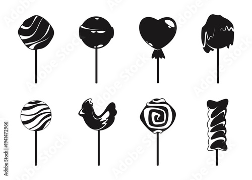 Cartoon candy lollipops in monochrome silhouette style. Vector isolated round and heart, twisted and rooster shaped sweets on sticks. Confectionery, dessert and sugar treats. Shop branding