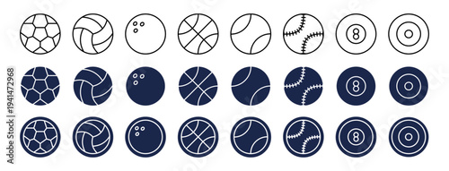 Sport ball icons in monochrome style. Vector spheres collection with various design. Equipment for leisure time. Hobby and professional training. Footballs and golf, tennis and billiards