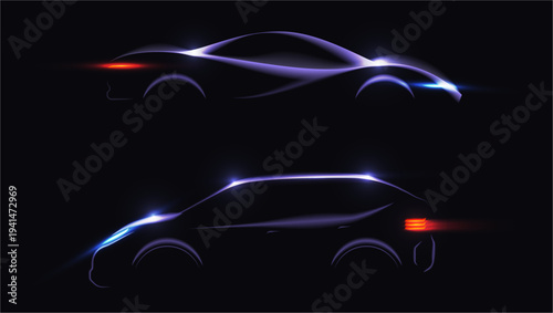 Realistic side view of cars. Vector sports and passenger vehicle silhouettes with headlights on. Automotive design and catalog branding, transport infographics and print applications