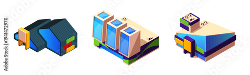 Shopping mall and shop buildings set. Vector isometric individual commercial units. Structure with retail spaces and facilities. Business and planning, real estate and urban development