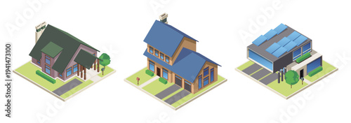 Private houses set with greenery. Vector isometric residential buildings with trees and bushes, mailboxes and garages. Suburban living and real estate. Urban planning and property promotion