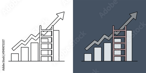 Business growth and success concept with upward trending bar graph and ladder, symbolizing strategic progress and achieving new heights