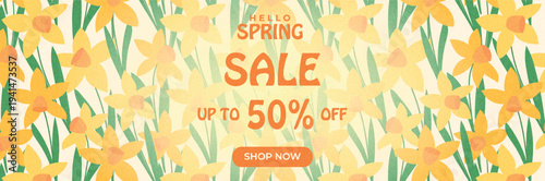 Spring sale banner with blooming daffodil flowers. Textured grainy illustration perfect for marketing campaigns, promotions and online shop banners