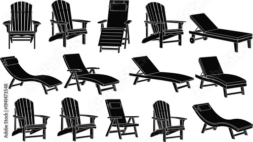Outdoor lounge chair and sun lounger silhouette set with deck chairs reclining patio furniture collection for beach poolside garden relaxation design