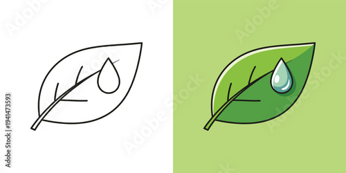 Stylized Green Leaf with a Fresh Water Droplet Illustration, Embodying Nature's Purity, Organic Growth, and Environmental Sustainability