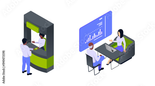 People at bank consulting staff members. Vector desks, consultation and receipts, graphs and financial interaction. Online banking and digital transactions, customer service and secure finance