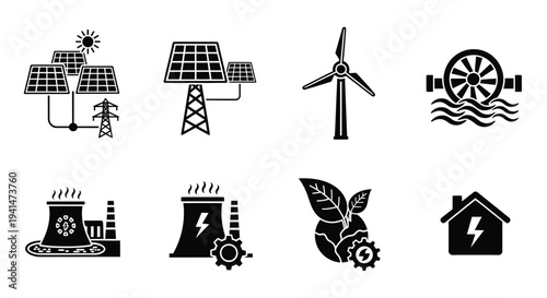 Renewable energy sources depicted as black icons including a striking silhouette