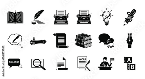 Writing tools and concepts represented in black glyph icons silhouette