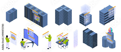 Data center interior elements set. Vector servers, digital data flow and staff people working at computer screens. IT specialists monitor systems, manage databases and maintain network infrastructure