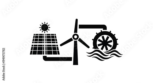Renewable energy sources including solar wind and hydro power silhouette