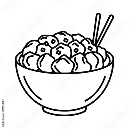 Asian dumpling bowl with chopsticks line art vector illustration for restaurant branding