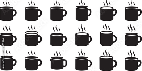 Seamless Pattern of Steaming Coffee Mugs in Black Silhouette
