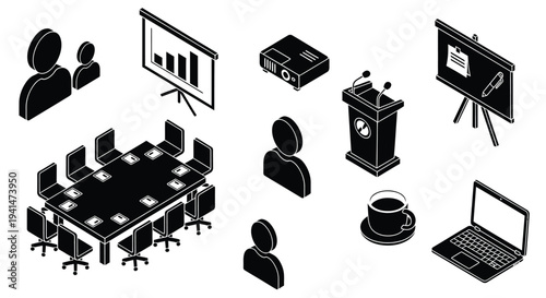 Conference room setup with presentation equipment and attendees silhouette high quality