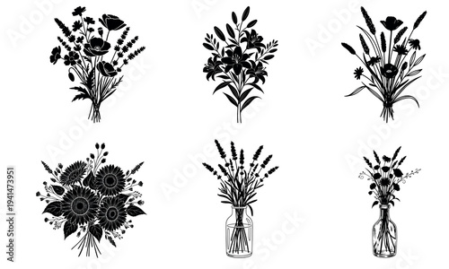 Floral vector illustration of six different bouquets and arrangements