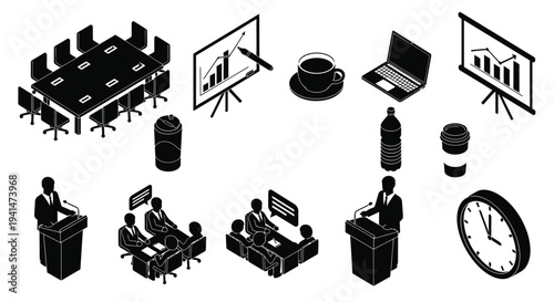 Isometric office elements including meeting presentation and work tools silhouette
